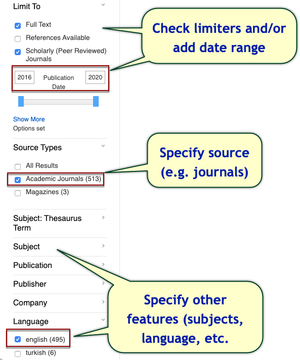 EBSCOhost search features and options