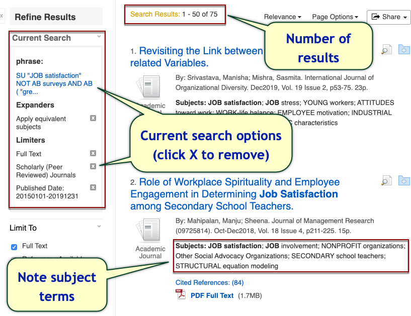 EBSCOhost search results page