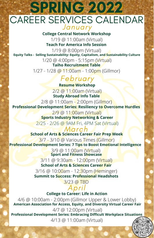 Career Services Spring 2022 Event Calendar, click for PDF